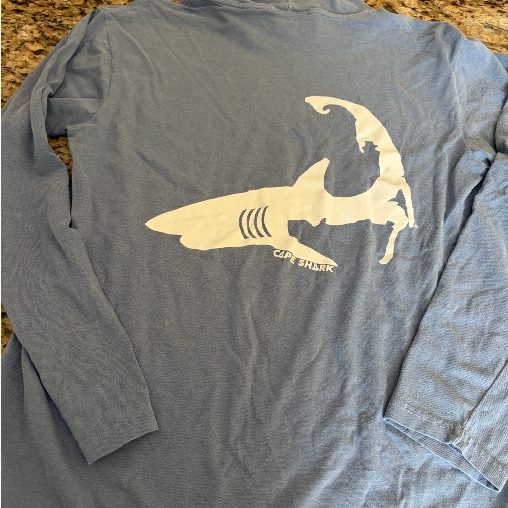Comfort Colors Men's Long Sleeve Tee in Dusty Blue with White Shark Graphic - Picture 4 of 5